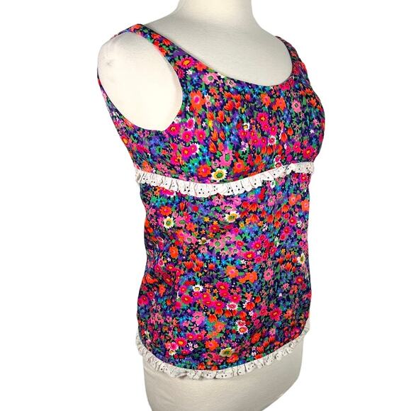 Vtg Women's Floral Tankini Top XS Pink Purple Lace Trim Sleeveless Swim Beach - Picture 2 of 9